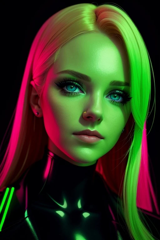 a woman, portrait, blonde, eyes green , neon, realistic