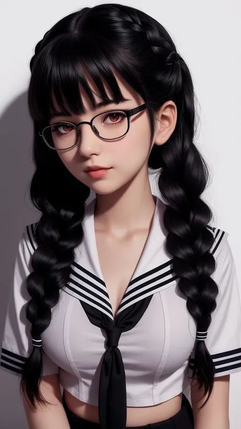 masterpiece, best quality, 1girl, black hair, braid, breasts, collarbone, glasses, hair over shoulder, long hair, looking at viewer, sailor collar, school uniform, serafuku, simple background, solo, twin braids, upper body, white background, realistic