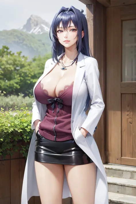 (masterpiece, best quality:1.2), <lora:makenki_nijou-10:1>, cowboy shot, solo, 1girl, nijou aki, slight smile, looking at viewer, hand in pocket, labcoat, open coat, shirt, miniskirt, necklace, bare legs, cleavage, huge breasts