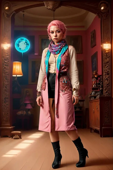 a woman with pink hair and a colorful scarf , Dreamlike_Diversions