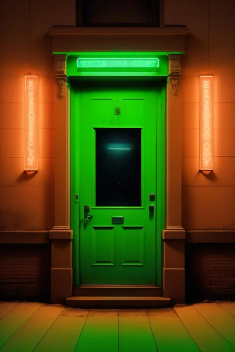 a building with a neon green door and a window , Dreamlike_Diversions