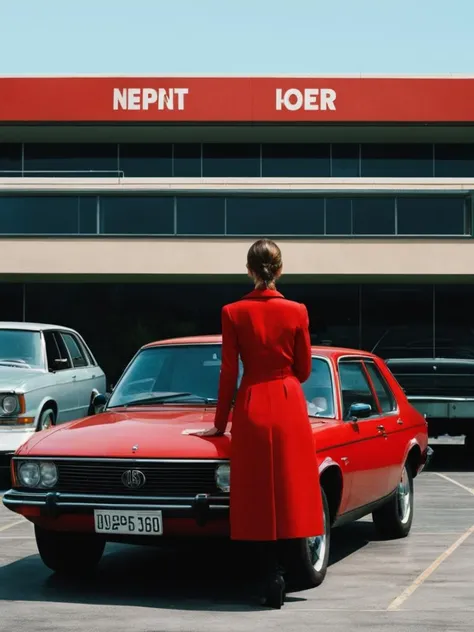 a woman standing in a parking lot next to a car ,  Dreamlike_Diversions ,  <lora:Dreamlike_Diversions:0.7>
