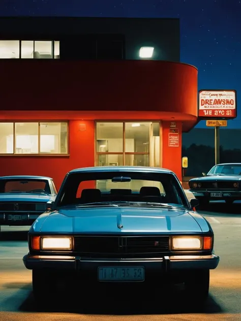 a car is parked in a parking lot at night , Dreamlike_Diversions , <lora:Dreamlike_Diversions:0.7>