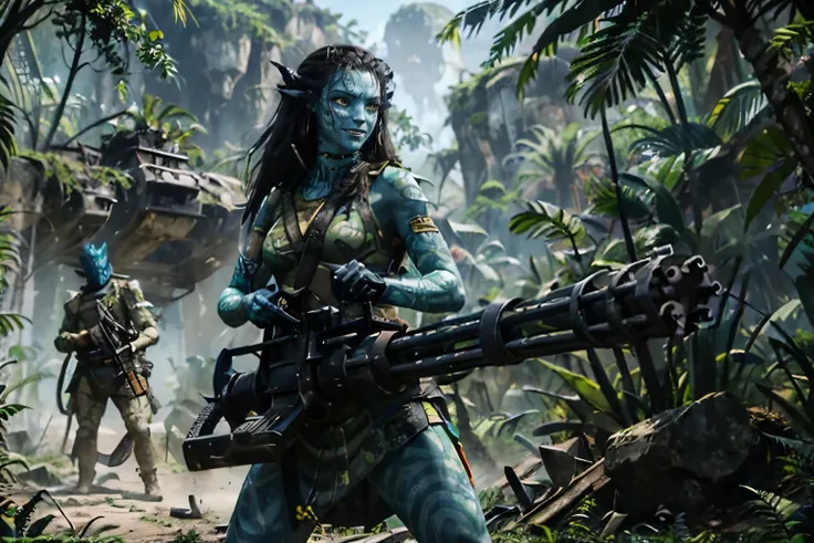 1girl, m134minigun, holding gun,aiming, standing, looking serious, evil grin, outside, jungle, extreme detail, masterpiece, <lora:m134v51024:.7>
<lora:AllOutNa'vi_V1:.6> na'vi, blue skin, tribal clothes,