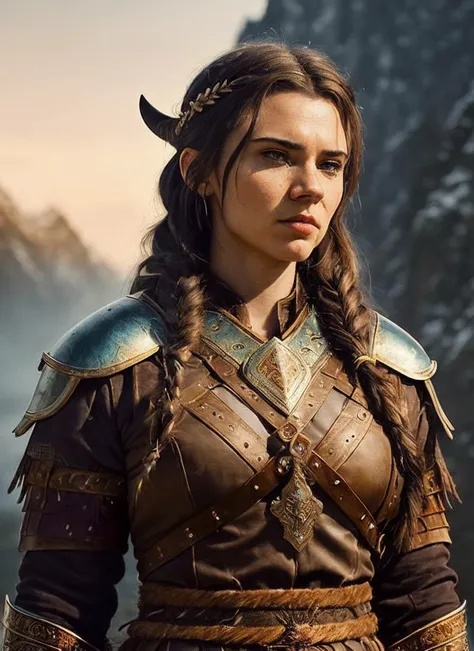 A stunning intricate full color portrait of (35 years old sks woman:1) as (viking warrior woman), (barbarian), epic character composition, by ilya kuvshinov, alessio albi, nina masic, sharp focus, natural lighting, subsurface scattering, f2, 35mm, film grain, <lora:locon_brett_v2_from_v1_64_32:1.3>