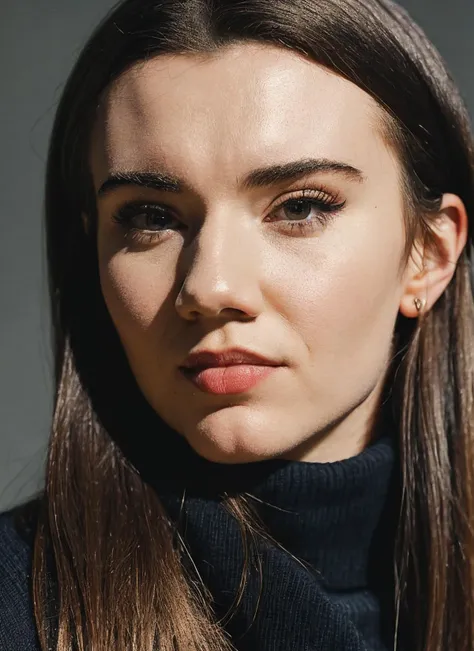 A stunning intricate full color portrait of (sks woman:1),wearing a black turtleneck, epic character composition, by ilya kuvshinov, alessio albi, nina masic, sharp focus, natural lighting, subsurface scattering, f2, 35mm, film grain, <lora:locon_brett_v2_from_v1_64_32:1.3>