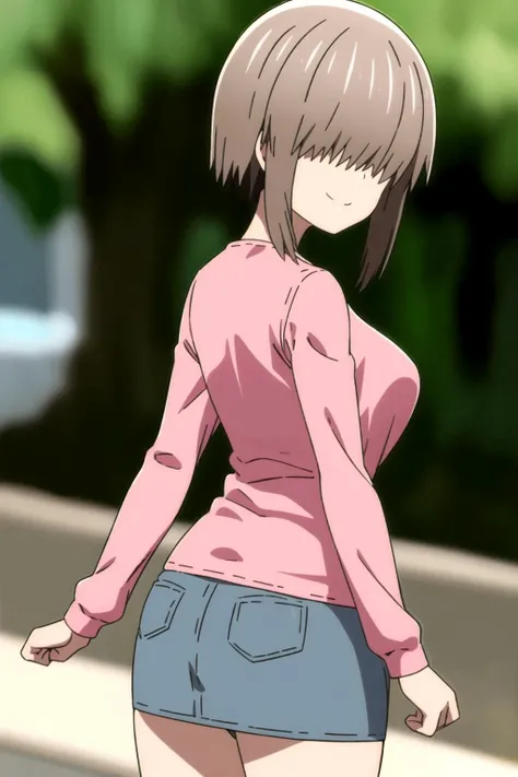 <lora:uzaki_yanagi:1>, 1girl, solo, smile, yanagi, short hair, bangs, grey hair, hair over eyes, side lock, long bangs, covered eyes, (blurry background), large breasts, looking at viewer, outdoors, sleeveless, skirt, shirt, long sleeves, blue skirt, denim, pink shirt, denim skirt, (striped shirt:0.5), from behind, looking back, standing,