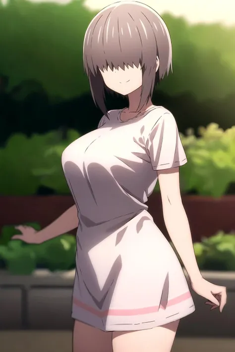 <lora:uzaki_yanagi:0.8>, 1girl, solo, smile, yanagi, short hair, bangs, grey hair, hair over eyes, side lock, long bangs, covered eyes, (blurry background), standing, large breasts, looking at viewer, outdoors, garden, white dress, short sleeves, cowboy shot,