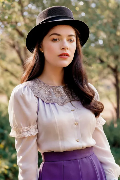 a portrait photo of a beautiful pale woman, Cotton Candy Pink Pinstripe collared blouse, high-waisted trousers, suspenders, and a bow tie, shot with Rolleiflex 2.8F, detailed face, detailed hair, best quality, masterpiece, (photorealistic:1.4) <lora:avad:1>
