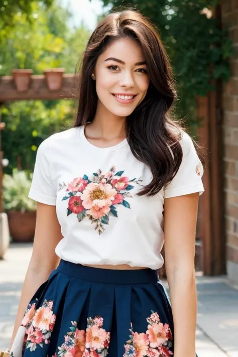 beautiful woman wearing skirt and floral t-shirt, intricate details, having fun <lora:avad:1>
