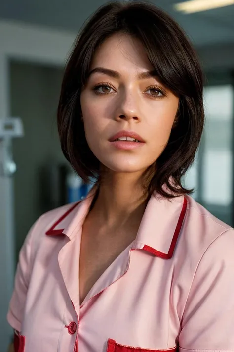 A stunning intricate full color portrait of a woman,wearing a nurse uniform, in modern hospital, having fun, epic character composition,by ilya kuvshinov, alessio albi, nina masic,sharp focus, natural lighting, subsurface scattering, f2, 35mm, film grain, portait, closeup, very detailed skin texture  <lora:avad:1>