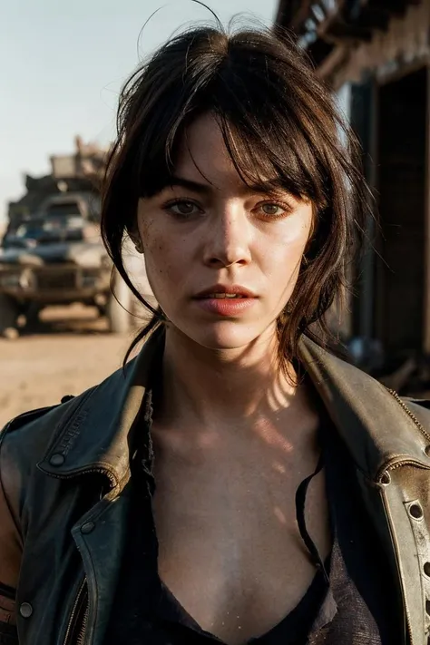 A stunning intricate full color portrait of a woman,wearing ripped clothes, mad max movie set, dirty face, having fun, epic character composition,by ilya kuvshinov, alessio albi, nina masic,sharp focus, natural lighting, subsurface scattering, f2, 35mm, film grain, full body in the picture <lora:avad:1>