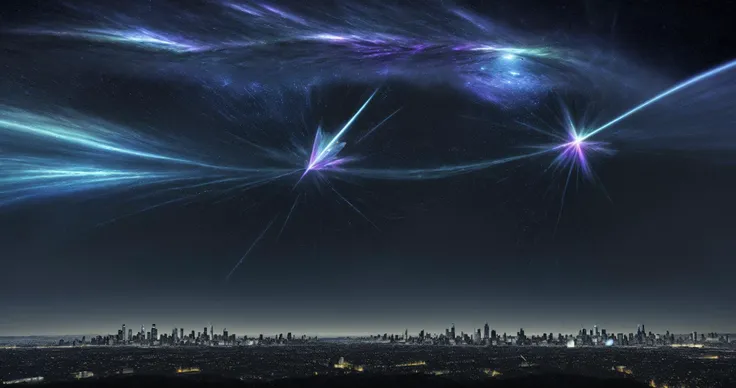 Windows XP Bliss Wallpaper, Interdimensional Crystal Capital skyline , Prismatic Pulsar Neutron Star, Clear Dark night sky, High exposure, oversaturated stars, desaturated city <lora:Abstract_Female_Art-000007:0.3>, giant monuments