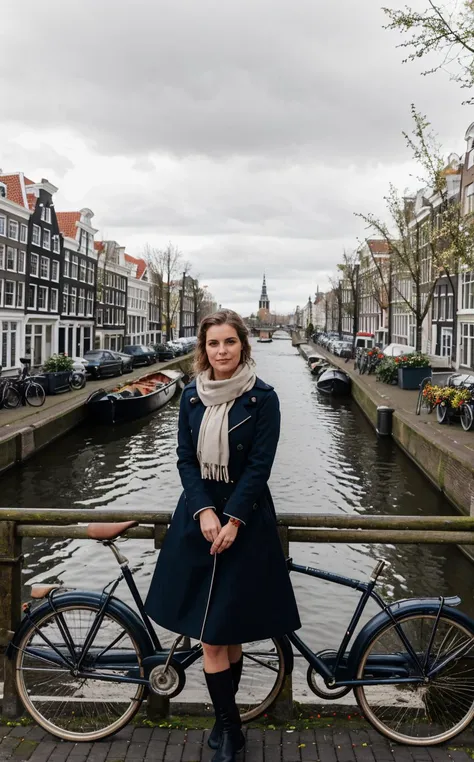 (closeup portrait of cute maiden:1.3), ([style of Karol Bak|style of Tom Bagshaw]:1.5),   (style of Vivian Maier), [quintessential Dutch charm:Amsterdam's vibrant essence:0.7] cityscape, capturing the unique allure of Amsterdam through the day-to-day elegance of a local. Amidst this picturesque setting, a woman emerges as the embodiment of Amsterdam's soul, seamlessly blending the city's historic grace with its lively, contemporary rhythm. Her attire is a ((stylish yet comfortable ensemble)), perfect for cycling along the city's iconic canals. She dons a tailored, waterproof trench coat that whispers sophistication, paired with practical, chic footwear ideal for navigating the cobblestone streets. Her outfit is complemented by a casual scarf, adding a pop of color, and a classic, sturdy bicycle at her side, equipped with a quaint basket filled with fresh tulips. The backdrop features the charming canal houses of Amsterdam, their gabled facades a testament to the city's rich architectural history, standing tall and elegant along the serene waterways. The scene transitions smoothly into the vibrant tulip fields just outside the city, a sea of colors that captures the essence of Dutch beauty in spring. The composition skillfully intertwines Amsterdam's famed cycling culture, as the woman pauses on a bridge over a canal, her bicycle leaning gently against the railing. She takes in the view, a blend of tradition and modernity, her figure a connecting thread between the city's past and its dynamic present. This moment encapsulates the spirit of Amsterdam, where every turn reveals a new facet of its diverse character, from the tranquility of its waterways to the bloom of its countryside, all seen through the eyes of one who calls it home.