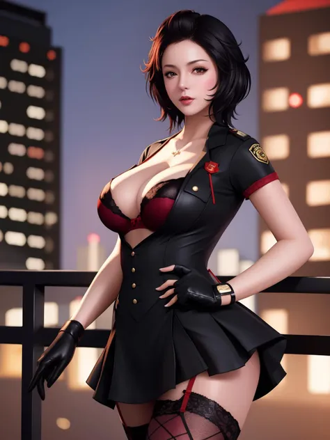 <lora:wzryLUNAgetemeigui_20230727182427:0.75>,1girl,mature female,cityscape,night,looking at viewer,short hair,thighhighs,garter straps,bra,lingerie,gloves,fishnets,cleavage,uniform,red bra,police,short sleeves,shirt,skirt,black hair,