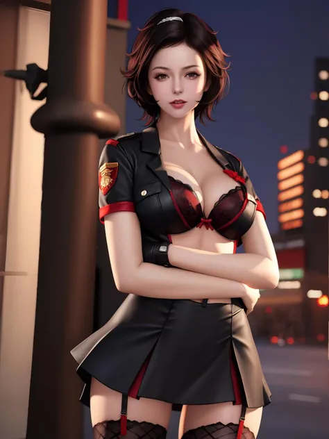 <lora:wzryLUNAgetemeigui_20230727182427:0.75>,1girl,mature female,cityscape,night,looking at viewer,short hair,thighhighs,garter straps,bra,lingerie,gloves,fishnets,cleavage,uniform,red bra,police,short sleeves,shirt,skirt,black hair,