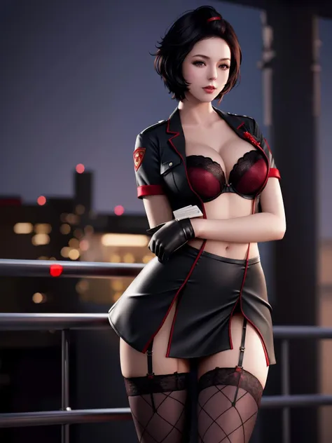 <lora:wzryLUNAgetemeigui_20230727182427:0.75>,1girl,mature female,cityscape,night,looking at viewer,short hair,thighhighs,garter straps,bra,lingerie,gloves,fishnets,cleavage,uniform,red bra,police,short sleeves,shirt,skirt,black hair,