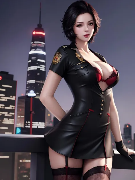 <lora:wzryLUNAgetemeigui_20230727182427:0.75>,1girl,mature female,cityscape,night,looking at viewer,short hair,thighhighs,garter straps,bra,lingerie,gloves,fishnets,cleavage,uniform,red bra,police,short sleeves,shirt,skirt,black hair,