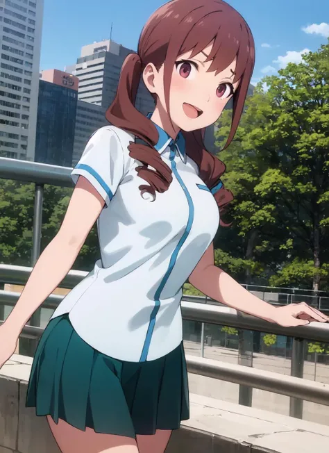 mikaogi, solo, 1girl, school uniform, short sleeves, shirt, skirt, white shirt, smile, open mouth, collared shirt, outdoors, railing, cityscape, <lora:mikaogi_V3-09:0.7> <lora:Doyagao_SmugFace_v080:0.7>