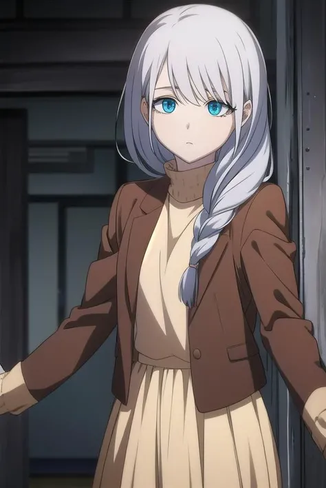 sayatakatori, <lora:sayatakatori-lora-nochekaiser:1>,
saya takatori, long hair, grey hair, hair over shoulder,
BREAK skirt, long sleeves, jacket, long skirt, brown jacket,
BREAK looking at viewer,
BREAK indoors,
BREAK <lora:GoodHands-vanilla:1>, (masterpiece:1.2), best quality, high resolution, unity 8k wallpaper, (illustration:0.8), (beautiful detailed eyes:1.6), extremely detailed face, perfect lighting, extremely detailed CG, (perfect hands, perfect anatomy),