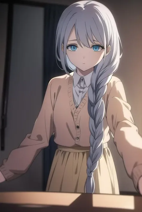sayatakatori, <lora:sayatakatori-lora-nochekaiser:1>,
saya takatori, long hair, grey hair, hair over shoulder,
BREAK skirt, long sleeves, dress, cardigan, long skirt, single braid, braid,
BREAK looking at viewer,
BREAK indoors,
BREAK <lora:GoodHands-vanilla:1>, (masterpiece:1.2), best quality, high resolution, unity 8k wallpaper, (illustration:0.8), (beautiful detailed eyes:1.6), extremely detailed face, perfect lighting, extremely detailed CG, (perfect hands, perfect anatomy),