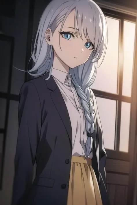 sayatakatori, <lora:sayatakatori-lora-nochekaiser:1>,
saya takatori, long hair, grey hair, hair over shoulder,
BREAK skirt, long sleeves, dress, cardigan, long skirt, single braid, braid,
BREAK looking at viewer,
BREAK indoors,
BREAK <lora:GoodHands-vanilla:1>, (masterpiece:1.2), best quality, high resolution, unity 8k wallpaper, (illustration:0.8), (beautiful detailed eyes:1.6), extremely detailed face, perfect lighting, extremely detailed CG, (perfect hands, perfect anatomy),