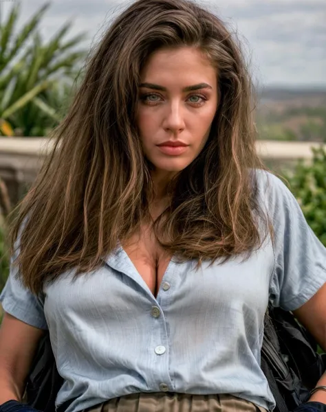 (realistic, photorealistic), realistic, <lora:quiron_ChaseyLain_v1_Lora:0.87> ChaseyLainQuiron woman, light blue eyes, Close 1/3 portrait, (high quality skin), (high detailed face skin), (realistic iris), (realistic pupils), (skin pores), (skin imperfections:0.27),, realistic, a woman Go-karting wearing Tunic blouse and Cargo pants: Pants with multiple pockets, often inspired by military wear.,