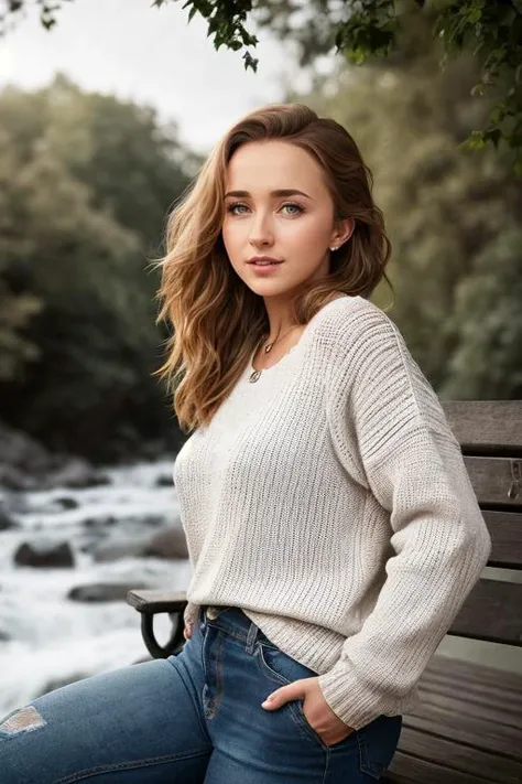 ((Wearing a sweater and distressed jeans)), ((Professional Photo Shoot)), ((out in the country next to a river)), ((sitting on a bench next to a river)), model shoot style, extremely intricate, High Detail, Sharp focus, dramatic, soft cinematic light, (looking at viewer), (Real Eyes), (Detailed Eye Corneas) (detailed pupils), smiling, 24mm, photo lab, elegant, insane details, hyperdetailed, low contrast, epiCRealism, (((SFW)))
HaydenPanettiere