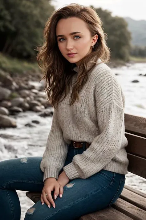 ((Wearing a sweater and distressed jeans)), ((Professional Photo Shoot)), ((out in the country next to a river)), ((sitting on a bench next to a river)), model shoot style, extremely intricate, High Detail, Sharp focus, dramatic, soft cinematic light, (looking at viewer), (Real Eyes), (Detailed Eye Corneas) (detailed pupils), smiling, 24mm, photo lab, elegant, insane details, hyperdetailed, low contrast, epiCRealism, (((SFW)))
HaydenPanettiere