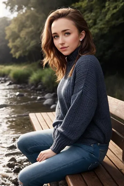 ((Wearing a sweater and distressed jeans)), ((Professional Photo Shoot)), ((out in the country next to a river)), ((sitting on a bench next to a river)), model shoot style, extremely intricate, High Detail, Sharp focus, dramatic, soft cinematic light, (looking at viewer), (Real Eyes), (Detailed Eye Corneas) (detailed pupils), smiling, 24mm, photo lab, elegant, insane details, hyperdetailed, low contrast, epiCRealism, (((SFW)))
HaydenPanettiere