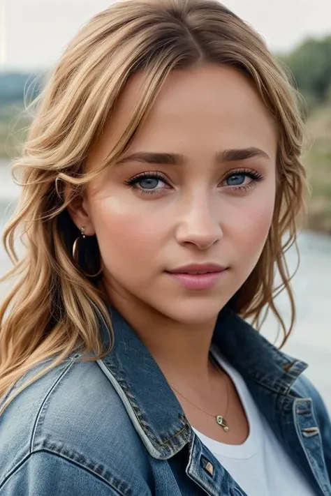 ((Wearing a sweater and distressed jeans)), ((Professional Photo Shoot)), ((out in the country next to a river)), ((sitting on a bench next to a river)), model shoot style, extremely intricate, High Detail, Sharp focus, dramatic, soft cinematic light, (looking at viewer), (Real Eyes), (Detailed Eye Corneas) (detailed pupils), smiling, 24mm, photo lab, elegant, insane details, hyperdetailed, low contrast, epiCRealism, (((SFW)))   HaydenPanettiere