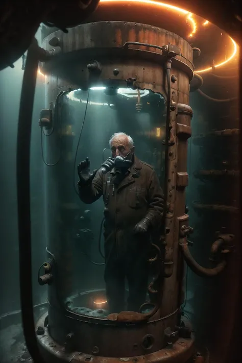 The interior corner of a dark abandoned submarine, an obscured sad old man with an oxygen mask ((pressing his palms up against the glass)) in a misty stasis pod with smoked glass.
best quality, highres, high detail, sharp focus, cinematic shadow,
rust, dripping water, water droplets, condensation on glass, debris, broken machinery, warning lights, dim red glow.
<lora:zyd232_StasisPod_v1_0:0.7>