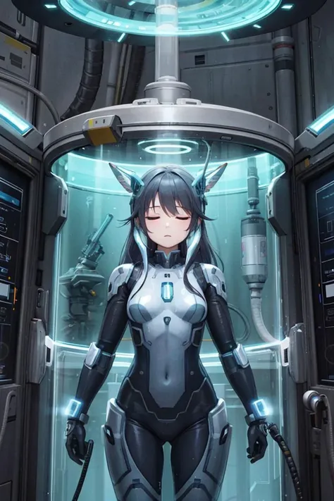 masterpiece, best quality, high resolution, extremely detailed, detailed background, cinematic lighting, 1girl, looking at viewer, <lora:zyd232_StasisPod_v1_0:0.75> , (stasis pod:1.5), 1girl, cowboy shot, floating, in container, submerged, liquid, bubbles, cable, mecha, mecha musume, headgear, bodysuit, pilot suit, science fiction, sci-fi, spacecraft interior, monitor, holographic interface, test tube, sleeping, closed eyes