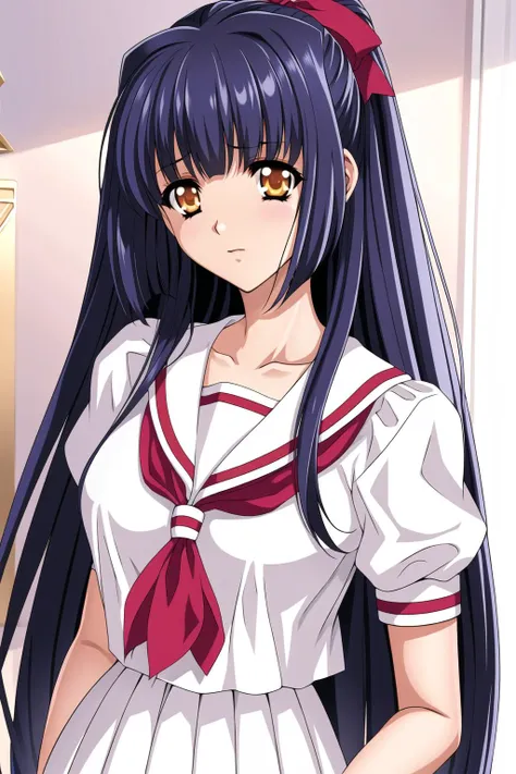 Simple White Background,
sailor outfit ,short sleeves,serafuku, white shirt,
<lora:Kuraki_Suzuna_MoonlightLady-KK77-V1:0.7>,
yellow eyes, blue hair,bangs,Long hair,hair ornament, red ribbon,
<lora:Oda_Non_Style-KK77-V2:0.3>,<lora:more_details:0.1>,
1 girl, 20yo,Young female,Beautiful long legs,Beautiful body,
Beautiful Nose,Beautiful character design, perfect eyes, perfect face,expressive eyes,perfect balance,
looking at viewer,(Focus on her face),closed mouth, (innocent_big_eyes:1.0),(Light_Smile:0.3),
official art,extremely detailed CG unity 8k wallpaper, perfect lighting,Colorful, Bright_Front_face_Lighting,White skin,
(masterpiece:1.0),(best_quality:1.0), ultra high res,4K,ultra-detailed,
photography, 8K, HDR, highres, absurdres:1.2, Kodak portra 400, film grain, blurry background, bokeh:1.2, lens flare, (vibrant_color:1.2),professional photograph,
(Beautiful,large_Breasts:1.4), (beautiful_face:1.5),(narrow_waist),