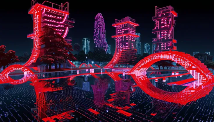 <lora:frutiger-aero--000035:0.8> FA style, water, park, abstract futuristic city, dreamy, magical, surreal, night, neon red, <lora:ascii_art-sdxl:1> ascii_art