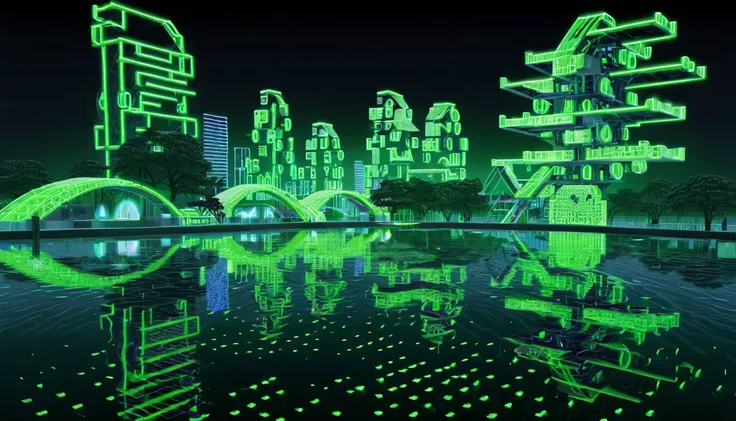 <lora:frutiger-aero--000035:0.8> FA style, water, park, abstract futuristic city, dreamy, magical, surreal, night, neon green, <lora:ascii_art-sdxl:1> ascii_art