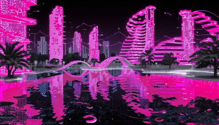 <lora:frutiger-aero--000035:0.8> FA style, water, park, abstract futuristic city, dreamy, magical, surreal, night, neon pink, <lora:ascii_art-sdxl:1> ascii_art