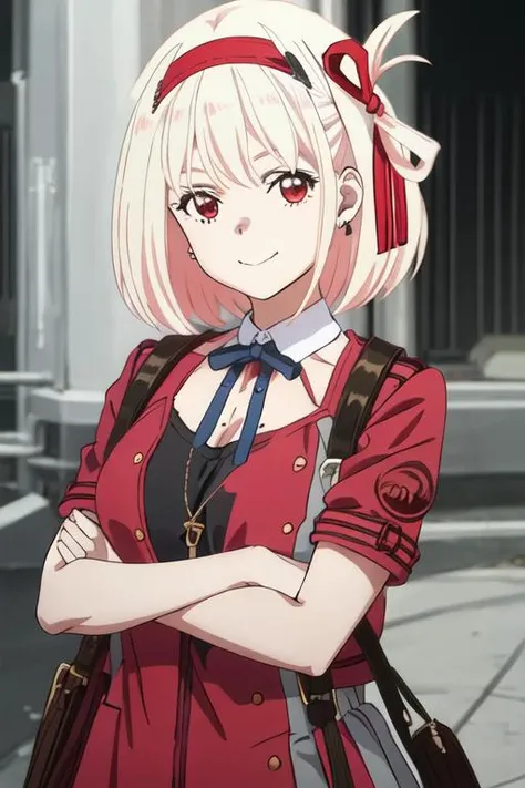 best quality, masterpiece, highres, solo, {nishikigi_chisato_lycorisrecoil:1.15}, short_hair, bangs, blonde_hair, red_eyes, ribbon, hair_ribbon, red_ribbon, bob_cut, closed_mouth, neck_ribbon, blue_ribbon, 1girl, black_hairband, black_shirt, bow, hairband, jacket, open_clothes, open_jacket, red_jacket, shirt, short_sleeves, smile, collarbone, jewelry, upper_body, hair_bow