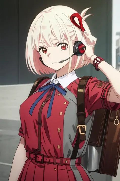 best quality, masterpiece, highres, solo, {nishikigi_chisato_lycorisrecoil:1.15}, short_hair, bangs, blonde_hair, red_eyes, ribbon, hair_ribbon, red_ribbon, bob_cut, closed_mouth, neck_ribbon, blue_ribbon, 1girl, backpack, bag, collared_shirt, dress, grey_dress, lycoris_uniform, red_dress, shirt, two-tone_dress, school_uniform, upper_body, headset, pleated_dress, red_belt, white_shirt