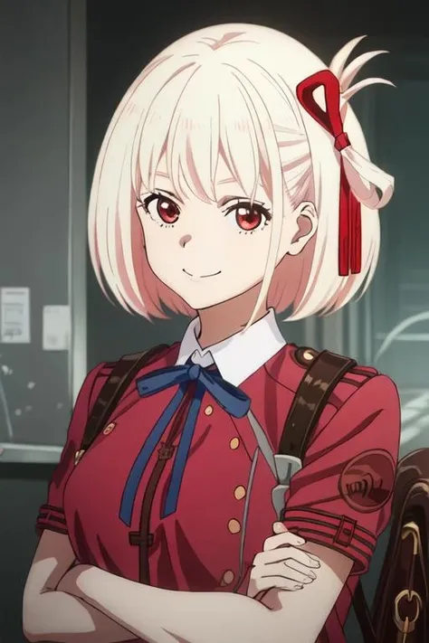 best quality, masterpiece, highres, solo, {nishikigi_chisato_lycorisrecoil:1.15}, short_hair, bangs, blonde_hair, red_eyes, ribbon, hair_ribbon, red_ribbon, bob_cut, closed_mouth, neck_ribbon, blue_ribbon, 1girl, collared_shirt, lycoris_uniform, shirt, smile, looking_at_viewer, white_shirt