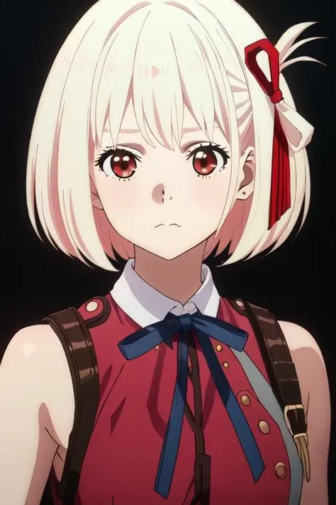 best quality, masterpiece, highres, solo, {nishikigi_chisato_lycorisrecoil:1.15}, short_hair, bangs, blonde_hair, red_eyes, ribbon, hair_ribbon, red_ribbon, bob_cut, closed_mouth, neck_ribbon, blue_ribbon, 1girl, bare_shoulders, collar, black_collar, red_dress, official_alternate_costume, portrait, blurry_background, looking_at_viewer, collarbone, dress