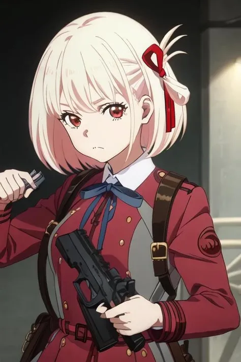 best quality, masterpiece, highres, solo, {nishikigi_chisato_lycorisrecoil:1.15}, short_hair, bangs, blonde_hair, red_eyes, ribbon, hair_ribbon, red_ribbon, bob_cut, closed_mouth, neck_ribbon, blue_ribbon, 1girl, gun, handgun, holding, holding_gun, holding_weapon, m1911, weapon, lycoris_uniform, red_dress, upper_body, dress, looking_at_viewer, aiming