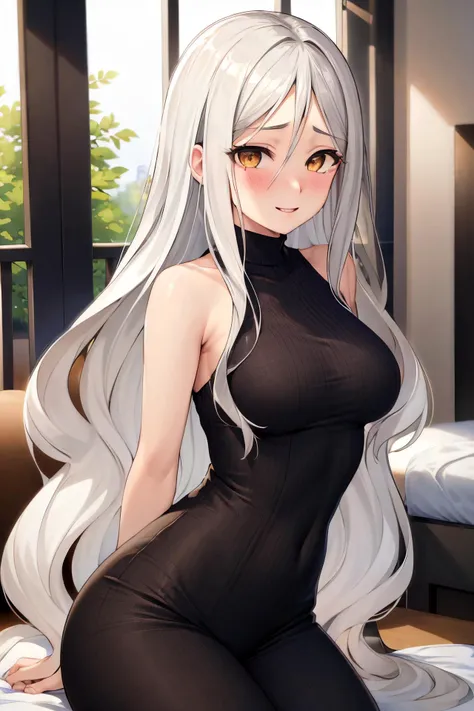 masterpiece, (best quality), 1woman,1girl ,violet_flodt, long hair, white hair, brown eyes, yellow eyes , black sweater, ,pants, white shirt, medium breasts,,sexy woman, parted bangs, jewelry, adult, blush , happy, vibrant colors ,,natural lighting ,RTX, hair between eyes , beautiful, (detailed face:1.2), showcase, (perfect eyes:1.1) ,(photorealistic:1.1), 8k uhd, looking at viewer, indoors, simple backround