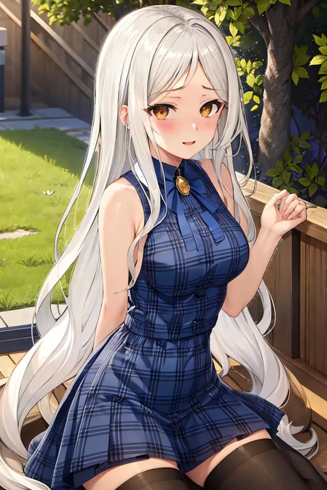 masterpiece, (best quality), 1woman,1girl ,violet_flodt, long hair, white hair, brown eyes, yellow eyes , white shirt, ,white skirt, pleated skirt, black thighhighs, bare shoulders, medium breasts,,sexy woman, zettai ryouiki, parted bangs, jewelry, ribbon, adult, blush vibrant colors ,,natural lighting ,RTX, hair between eyes , beautiful, (detailed face:1.2), showcase, (perfect eyes:1.1) ,(photorealistic:1.1), 8k uhd, looking at viewer, outdoors, simple backround