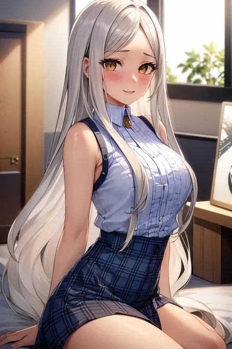 masterpiece, (best quality), 1woman,1girl ,violet_flodt, long hair, white hair, brown eyes, yellow eyes , black sweater, ,pants, white shirt, medium breasts,,sexy woman, parted bangs, jewelry, adult, blush , happy, vibrant colors ,,natural lighting ,RTX, hair between eyes , beautiful, (detailed face:1.2), showcase, (perfect eyes:1.1) ,(photorealistic:1.1), 8k uhd, looking at viewer, indoors, simple backround