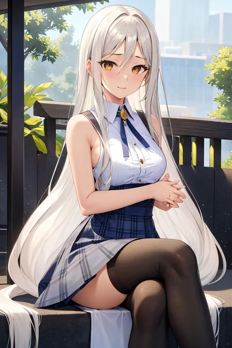 masterpiece, (best quality), 1woman,1girl ,violet_flodt,    long hair, white hair,   brown eyes, yellow  eyes , white shirt, ,white skirt, pleated skirt, black thighhighs, bare shoulders,     medium breasts,,sexy woman, zettai ryouiki, parted bangs, jewelry, ribbon, adult, sitting down, (praying:1.2), (legs crossed:1.2), cross-legged, (mediating), peaceful, vibrant colors ,,natural lighting  ,RTX, hair between eyes , beautiful, (detailed face:1.2), showcase, (perfect eyes:1.1) ,(photorealistic:1.1), 8k uhd,  looking at viewer,  outdoors,  simple backround