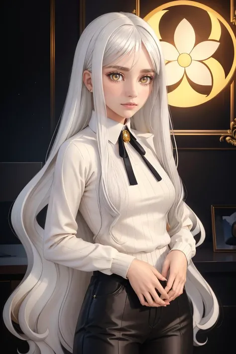 professional photo of violet_flodt, long hair, white hair, brown eyes, (yellow eyes:1.1) , black sweater, ,pants, white shirt, parted bangs, jewelry, adult, blush, hair between eyes,
detailed skin, detailed eyes, looking at viewer,
volumetric light, highrez, masterpiece, best quality,
<lora:violet_DG:0.7:MIDD>