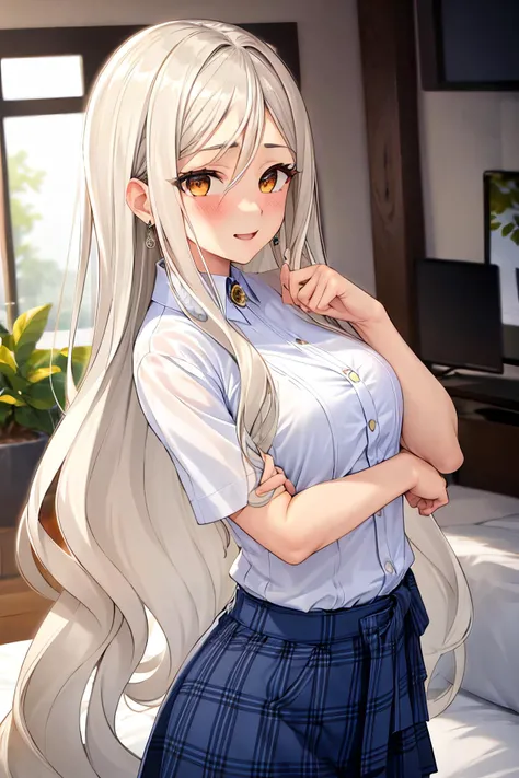 masterpiece, (best quality), 1woman,1girl ,violet_flodt, long hair, white hair, brown eyes, yellow eyes , black sweater, ,pants, white shirt, medium breasts,,sexy woman, parted bangs, jewelry, adult, blush , happy, vibrant colors ,,natural lighting ,RTX, hair between eyes , beautiful, (detailed face:1.2), showcase, (perfect eyes:1.1) ,(photorealistic:1.1), 8k uhd, looking at viewer, indoors, simple backround