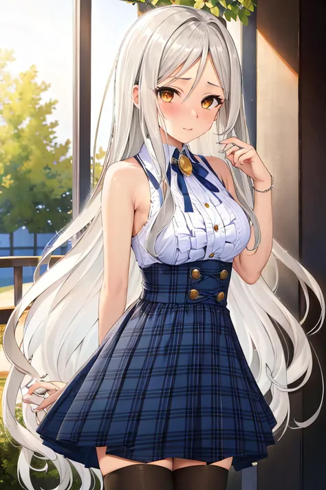 masterpiece, (best quality), 1woman,1girl ,violet_flodt, long hair, white hair, brown eyes, yellow eyes , white shirt, ,white skirt, pleated skirt, black thighhighs, bare shoulders, medium breasts,,sexy woman, zettai ryouiki, parted bangs, jewelry, ribbon, adult, blush vibrant colors ,,natural lighting ,RTX, hair between eyes , beautiful, (detailed face:1.2), showcase, (perfect eyes:1.1) ,(photorealistic:1.1), 8k uhd, looking at viewer, outdoors, simple backround