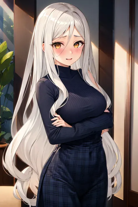 masterpiece, (best quality), 1woman,1girl ,violet_flodt, long hair, white hair, brown eyes, yellow eyes , black sweater, ,pants, white shirt, medium breasts,,sexy woman, parted bangs, jewelry, adult, blush , happy, vibrant colors ,,natural lighting ,RTX, hair between eyes , beautiful, (detailed face:1.2), showcase, (perfect eyes:1.1) ,(photorealistic:1.1), 8k uhd, looking at viewer, indoors, simple backround